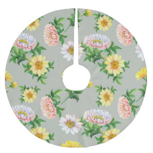 Watercolor chrysanthemums, seamless floral pattern brushed polyester tree skirt