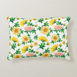 Watercolor chrysanthemums. Yellow flowers with gre Decorative Cushion