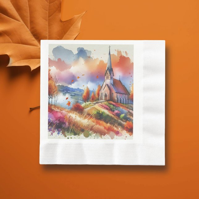 Watercolor Church on a Fall Day Napkin (Creator Uploaded)