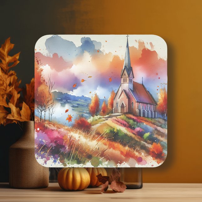 Watercolor Church on a Fall Day Square Sticker (Creator Uploaded)