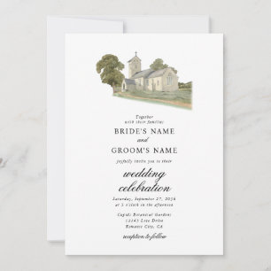 Watercolor Church Traditional Monogram Wedding Invitation