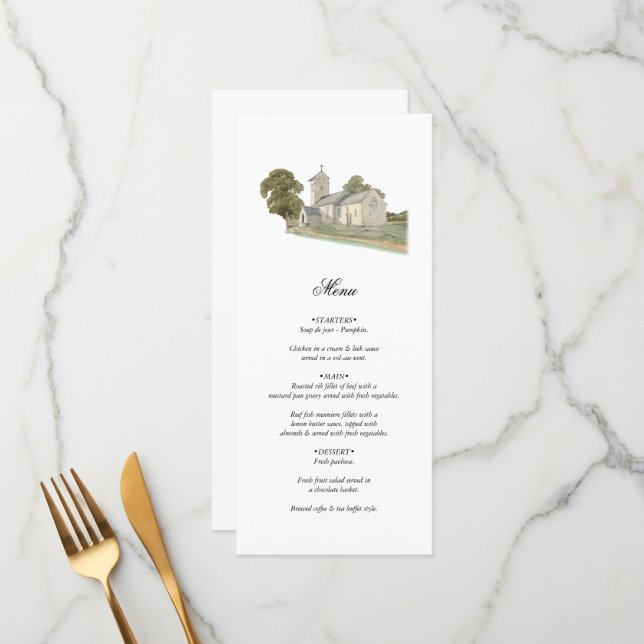 Watercolor Church Traditional Monogram Wedding Menu (Front/Back In Situ)