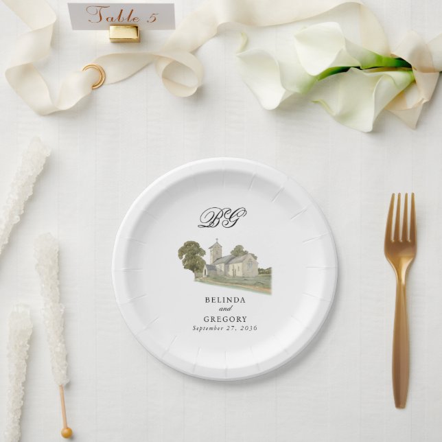 Watercolor Church Traditional Monogram Wedding Paper Plate (Wedding)
