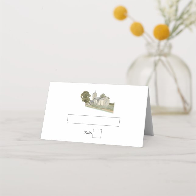 Watercolor Church Traditional Monogram Wedding Place Card (Front)