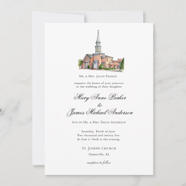 Watercolor Church Traditional Wedding Invitation (Front)