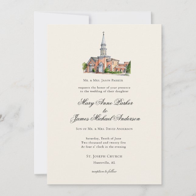 Watercolor Church Traditional Wedding Invitation (Front)