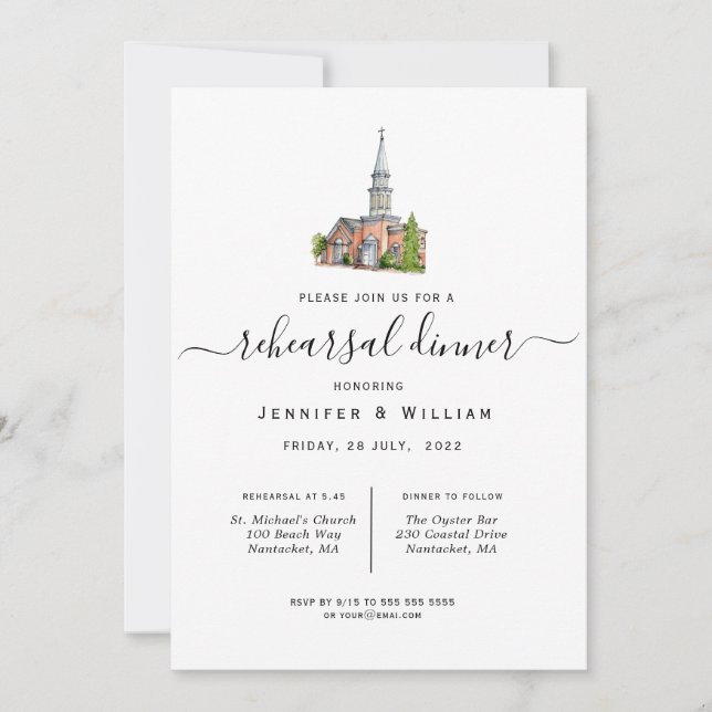 Watercolor Church Wedding Rehearsal Dinner Announcement (Front)