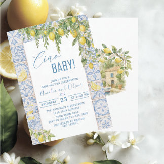 Watercolor ciao bambino lemons baby shower invitation