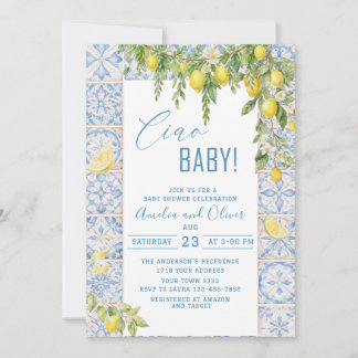 Watercolor ciao bambino lemons baby shower invitation