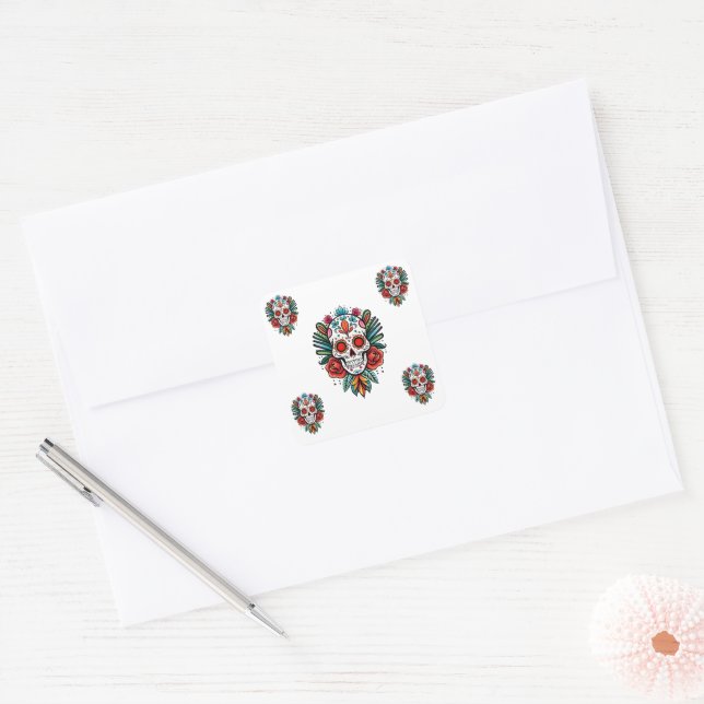 Watercolor Cinco De Mayo Colourful Sugar Skull Square Sticker (Envelope)