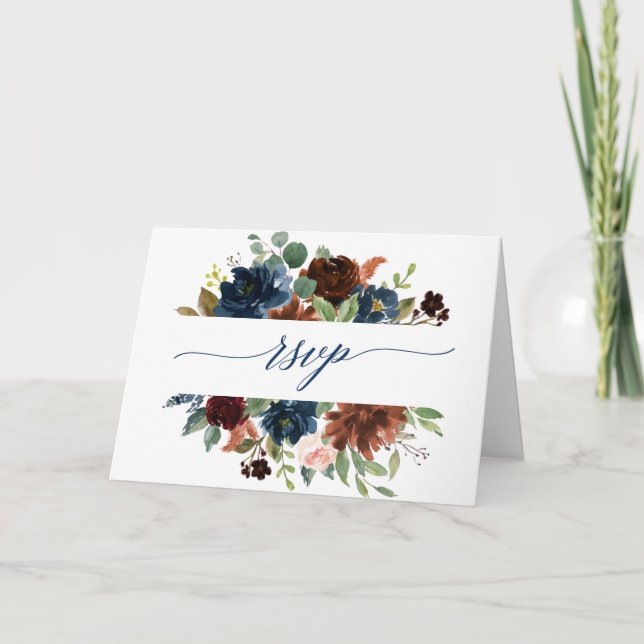 Watercolor Cinnamon Navy Blush Floral RSVP Card (Front)