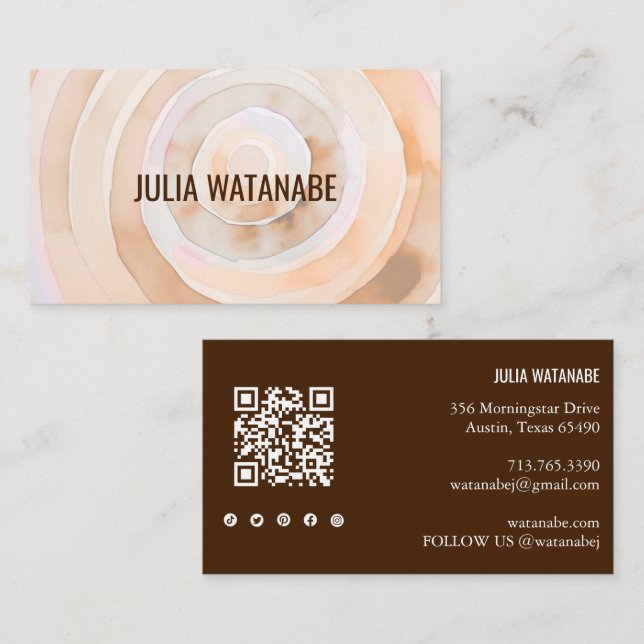 Watercolor Circles QR Code Social Media Modern Business Card (Front/Back)