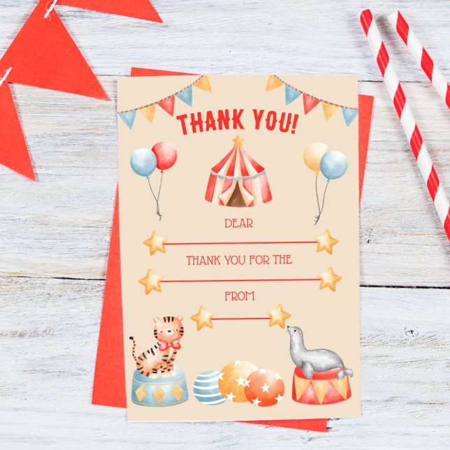 Watercolor Circus Animals Birthday Thank You Card (Creator Uploaded)