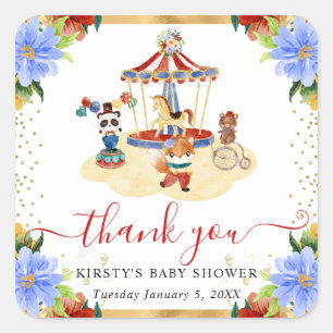 Watercolor Circus Animals Floral Baby Shower Square Sticker