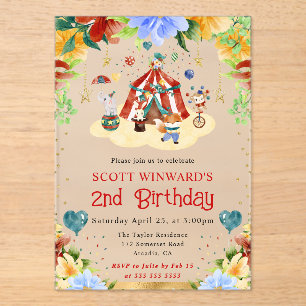 Watercolor Circus Animals Kids Birthday Acrylic Invitations