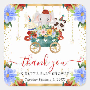 Watercolor Circus Animals Train Floral Baby Shower Square Sticker