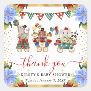 Watercolor Circus Animals Train Floral Baby Shower Square Sticker