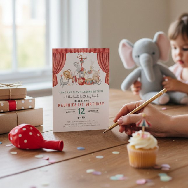Watercolor Circus Elephant First Birthday Invitation (Creator Uploaded)