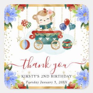 Watercolor Circus Monkey Train Floral Birthday Square Sticker