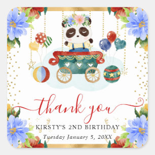Watercolor Circus Panda Train Floral Birthday Square Sticker