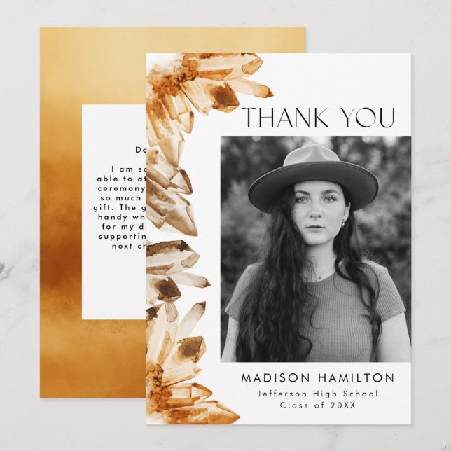 Watercolor Citrine Crystals Photo Graduation Thank You Card (Front/Back)