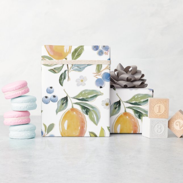 Watercolor Citrus & Blueberry Pattern Wrapping Paper (Baby Shower)