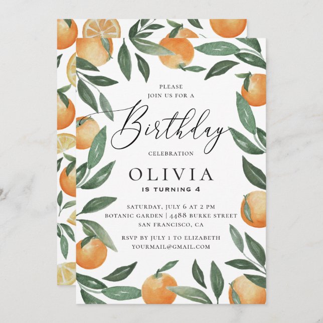 Watercolor citrus floral garden kids birthday invitation (Front/Back)