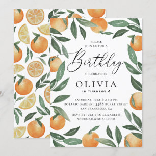 Watercolor citrus floral garden kids birthday invitation