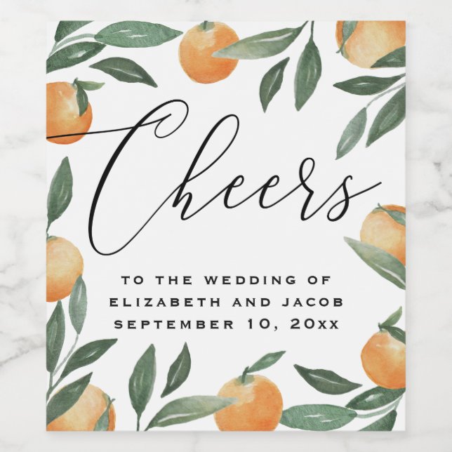 Watercolor citrus floral garden script wedding wine label (Single Label)