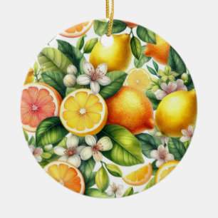 Watercolor Citrus Fruit Pattern Ceramic Ornament