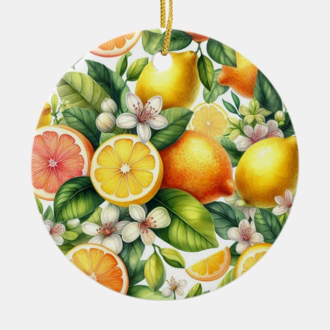 Watercolor Citrus Fruit Pattern Ceramic Ornament (Front)