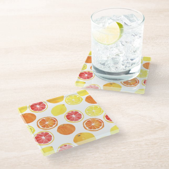 Watercolor Citrus Fruit Pattern Glass Coaster (Angled)