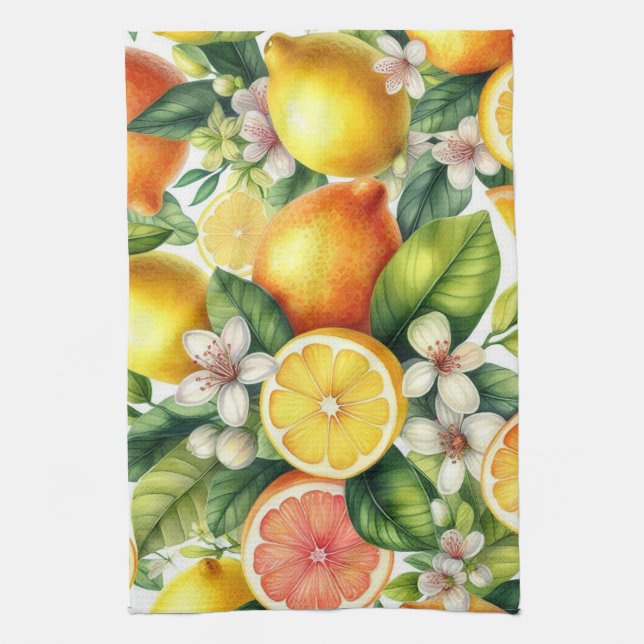 Watercolor Citrus Fruit Pattern Tea Towel (Vertical)
