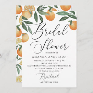 Watercolor citrus garden script bridal shower invitation
