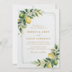 Watercolor Citrus Green Lemon Botanical Wedding Invitation