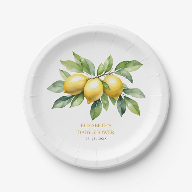 Watercolor Citrus Lemon Baby Shower Paper Plate (Front)
