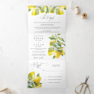 Watercolor Citrus Lemon Blossom Wedding Tri-Fold Invitation