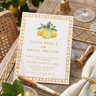 Watercolor Citrus Lemon Mediterranean Wedding Invitation