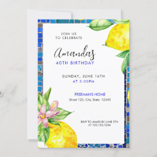 Watercolor Citrus Lemon Mosaic 40th Birthday Invitation
