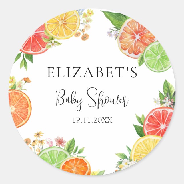 Watercolor Citrus Little Cutie Baby Shower Classic Round Sticker (Front)