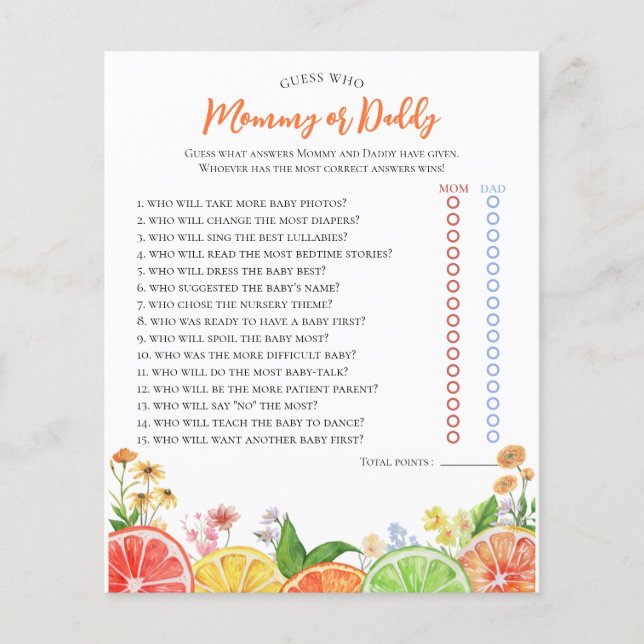 Watercolor Citrus Little Cutie Baby Shower Game (Front)