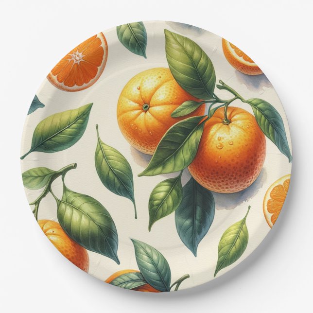 Watercolor Citrus Orange Leaves Wedding Paper Plate (Front)