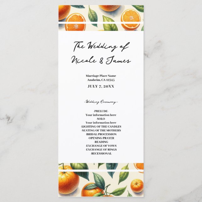 Watercolor Citrus Orange Leaves Wedding Program (Front)