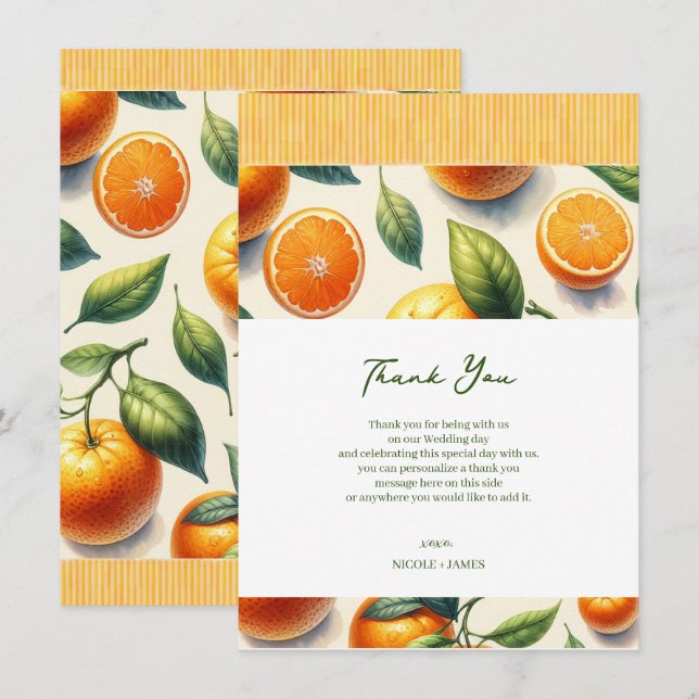 Watercolor Citrus Orange Leaves Wedding Thank You Invitation (Front/Back)
