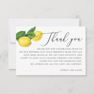 Watercolor citrus wedding. Lemon botanical garden  Thank You Card