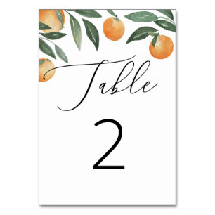 Watercolor citrus wedding. Summer floral orange Table Number
