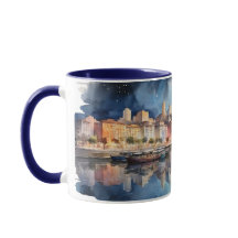 Watercolor City Night View with Lake, Fishing Boat