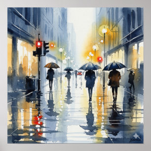 Watercolor Cityscape in Rain Poster
