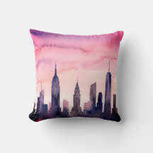 Watercolor Cityscape Indigo Pastel Pink NY Skyline