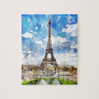 Watercolor Cityscape Paris, Eiffel Towards Jigsaw Puzzle